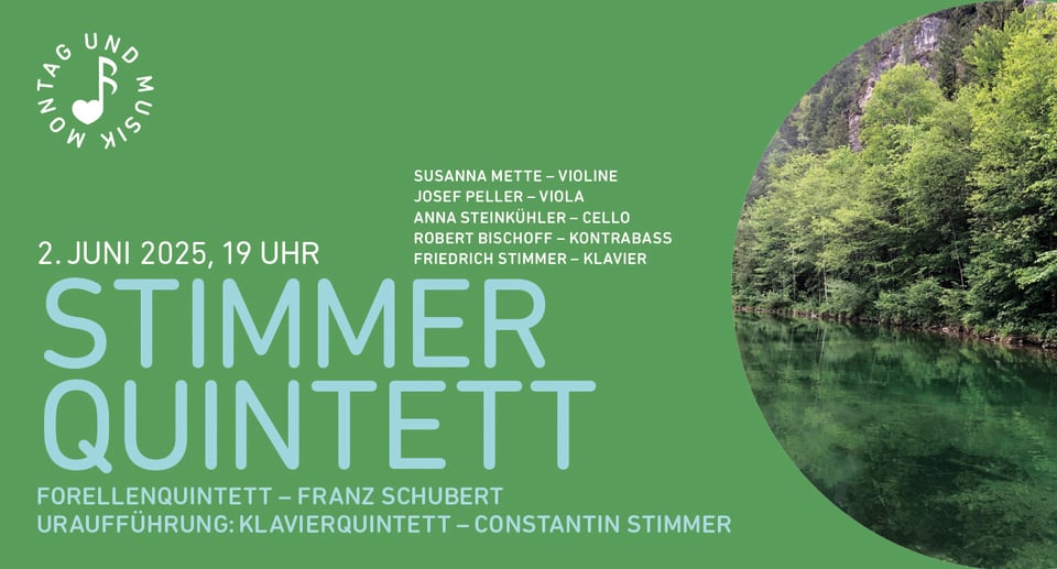 das Plakat der Veranstaltung „Montag und Musik“ in Grüntönen und mit einem Bild eines Waldes.