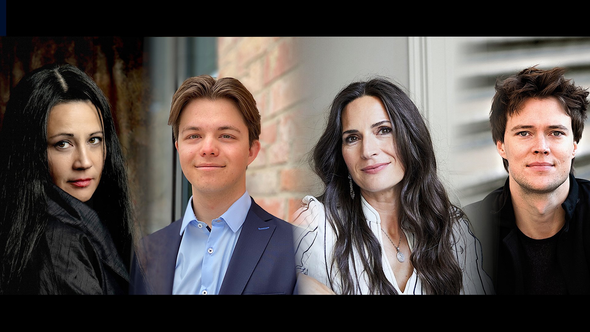 Vier nebeneinander angeordnete Porträts von Erwachsenen, jeweils frontal fotografiert, mit unterschiedlichen Hintergründen, zur Veranstaltung Nach(t)klänge Wiens