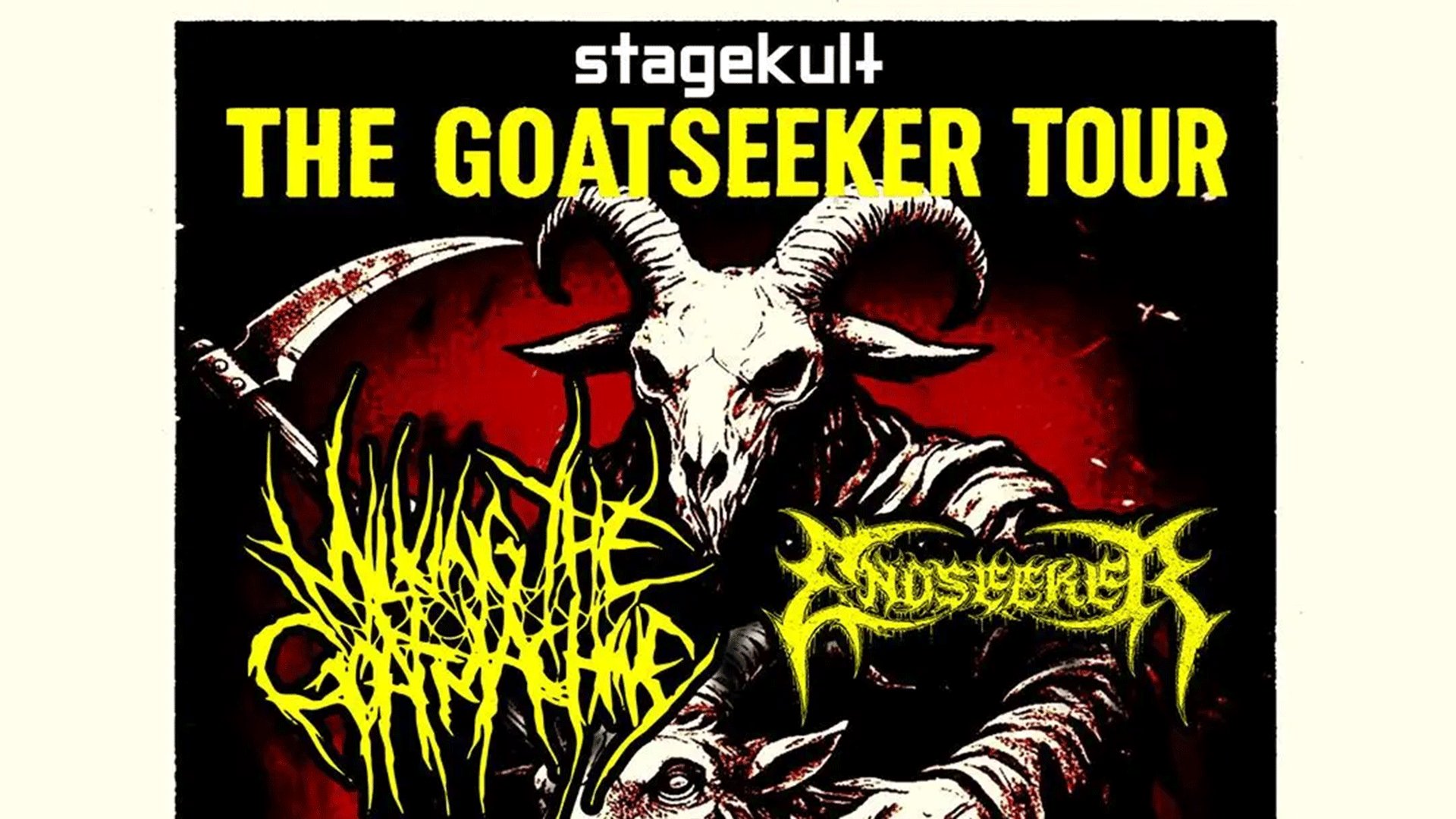Plakatmotiv zur The Goatseeker Tour von Stagekult. Zu sehen ist eine düstere Illustration einer gehörnten Ziegenkopfgestalt mit Sense vor rot schwarzem Hintergrund. Im Vordergrund stehen die Bandlogos von Milking The Goatmachine und Nastergal.