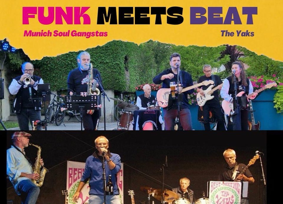 Veranstaltungsplakat für Funk Meets Beat mit Fotos der Musiker