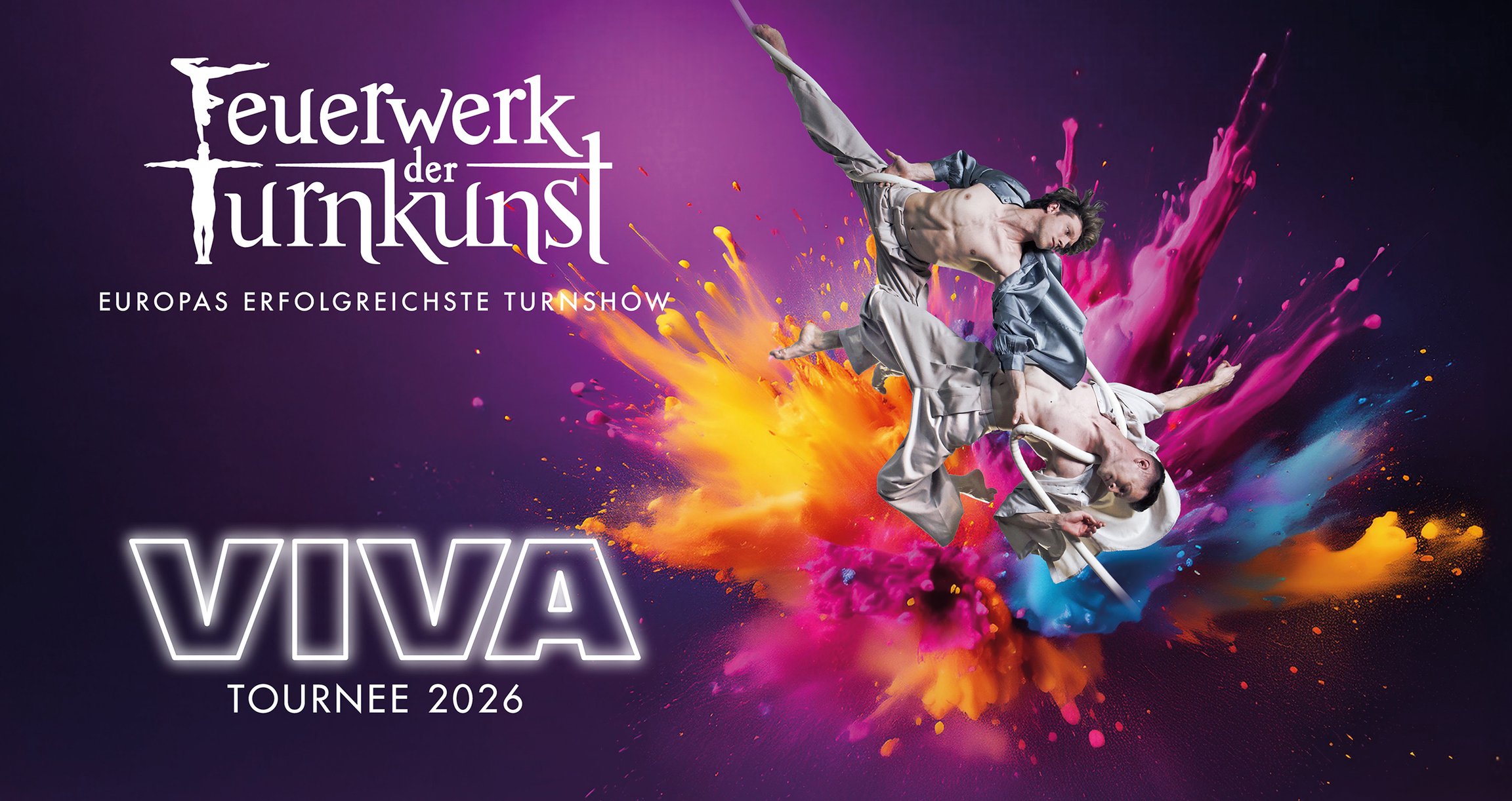 Grafik für das Feuerwerk der Turnkunst mit bunten Farben und zwei Personen, die turnen