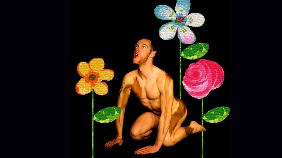 Illustration mit einem nackten Mann kniend mit gezeichneten bunten Blumen