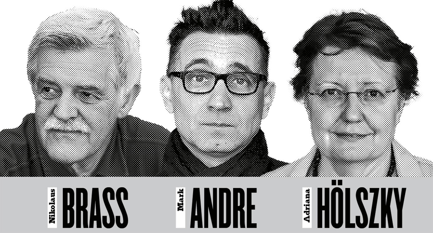 Banner mit Portraits einer Dame und zwei Herren in schwarz-weiss mit Aufschrift