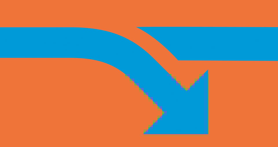 Grafik in orange mit blauem Pfeil nach unten