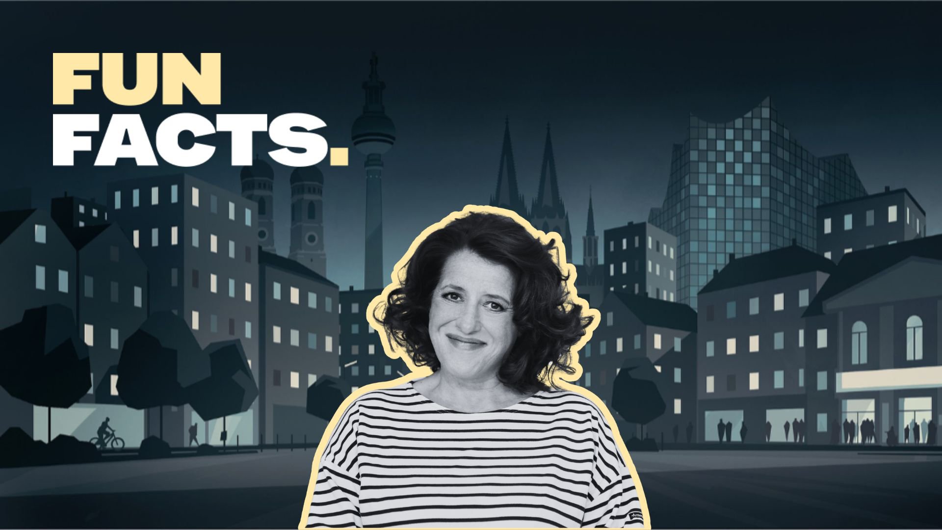Luise Knseher steht vor einer stilisierten nächtlichen Stadtillustration mit dem Schriftzug FUN FACTS links oben.