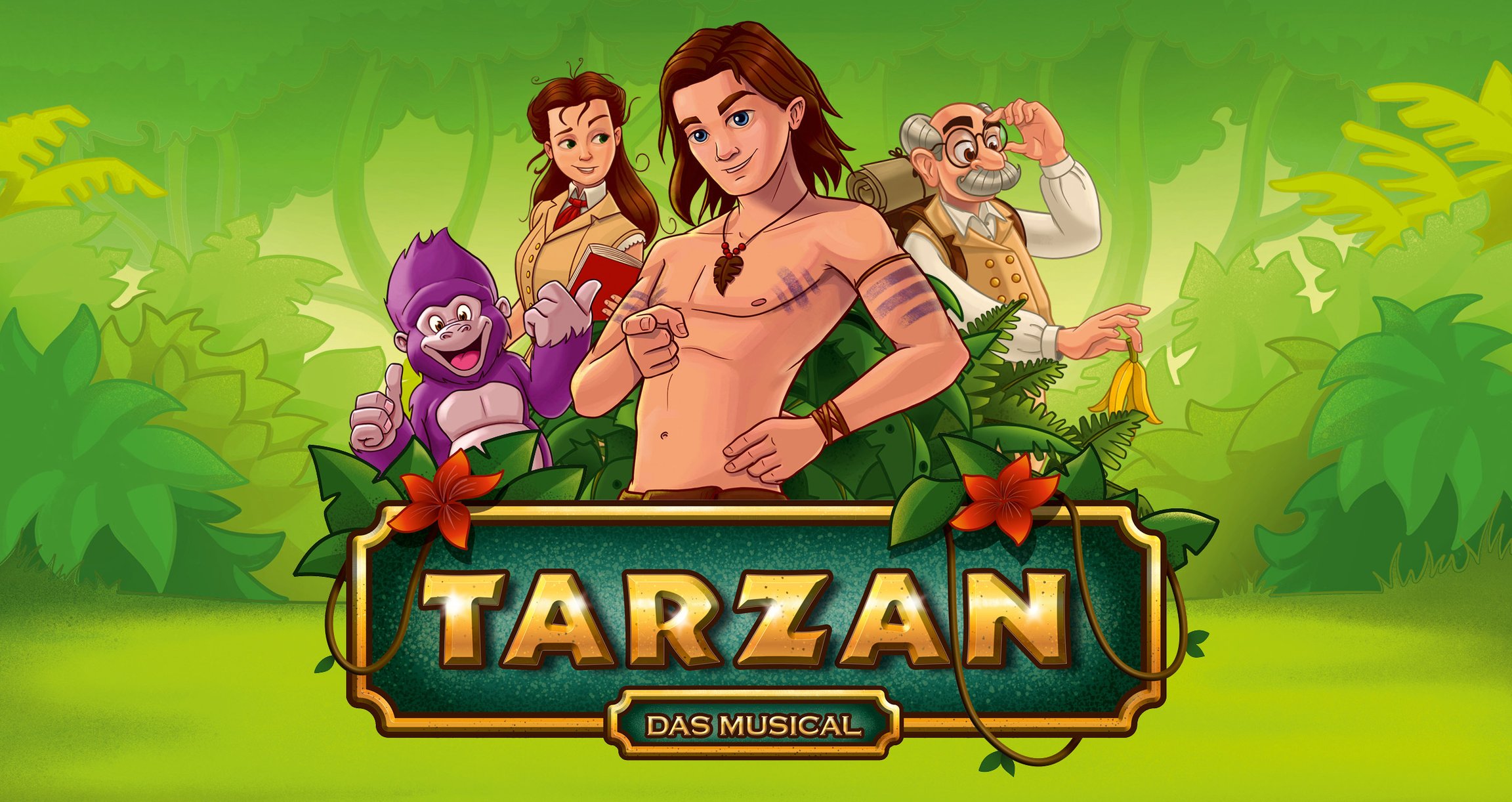 Grafik mit Tarzan und anderen Figuren vor grünem Dschungel-Hintergrund