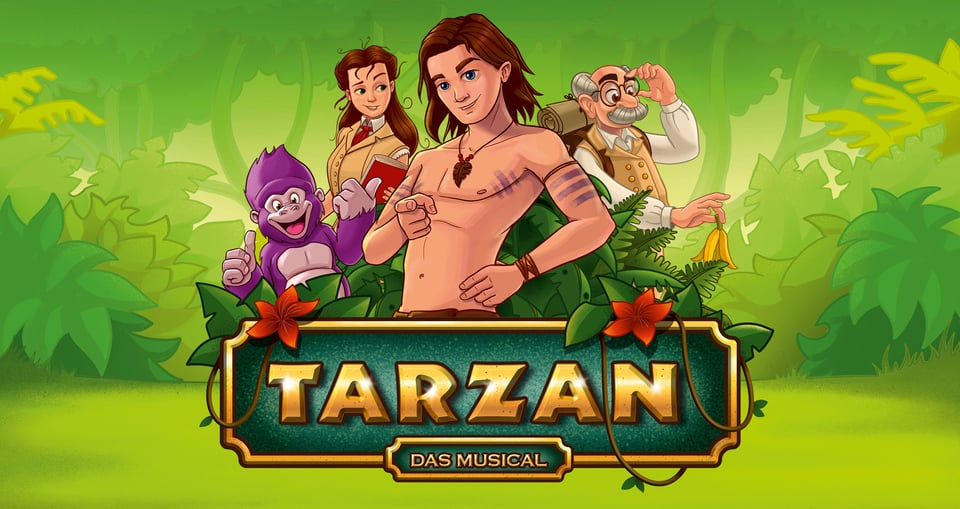 Grafik mit Tarzan und anderen Figuren vor grünem Dschungel-Hintergrund