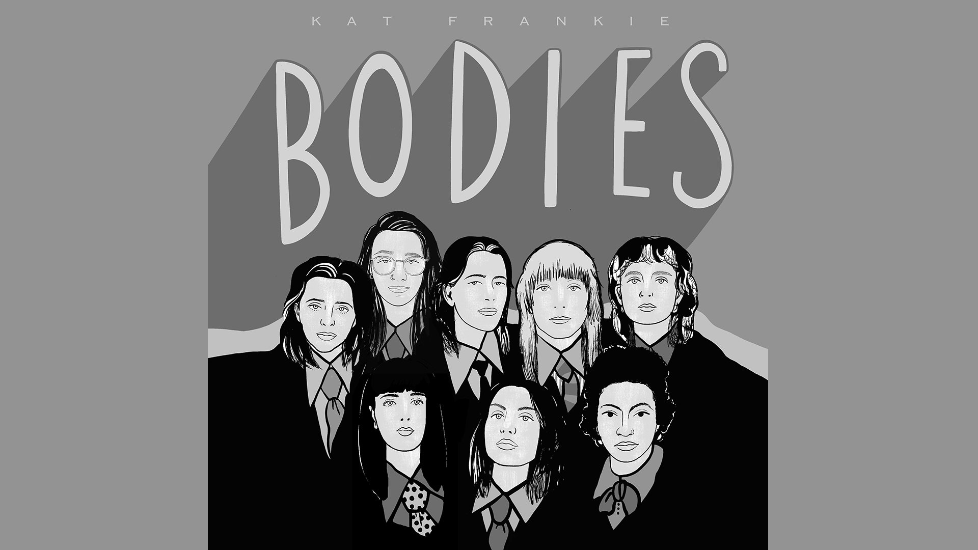 Eine Grafik in schwarz und grau mit sieben verschiedenen gezeichneten Personen und der Aufschrift "Bodies"