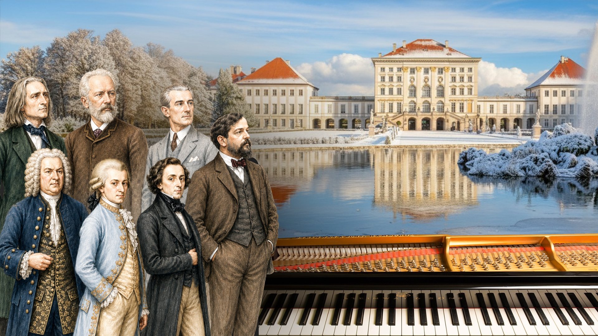 Historische Komponisten vor einem Schloss mit Seeblick, winterlicher Landschaft und einem Klavier im Vordergrund.