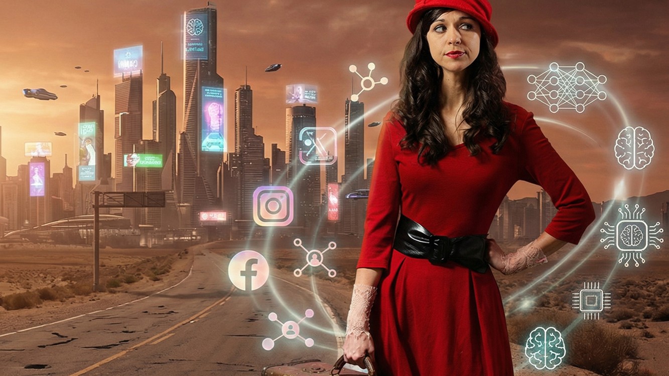 Plakatmotiv mit einer Person in rotem Kleid und Hut vor einer futuristischen Stadtlandschaft. Um die Person schweben Symbole für soziale Medien, Künstliche Intelligenz und digitale Vernetzung, während im Hintergrund Wolkenkratzer, Werbedisplays und schwebende Fahrzeuge zu sehen sind.
