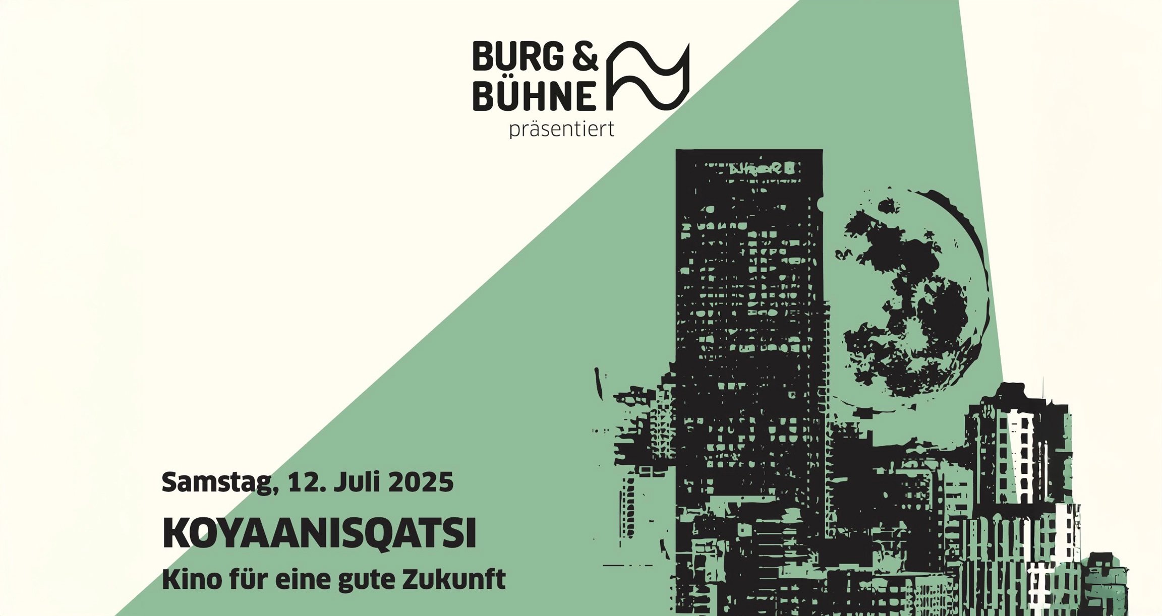 Veranstaltungsplakat in Weiß und Grün mit einer Illustration von Gebäuden in Schwarz