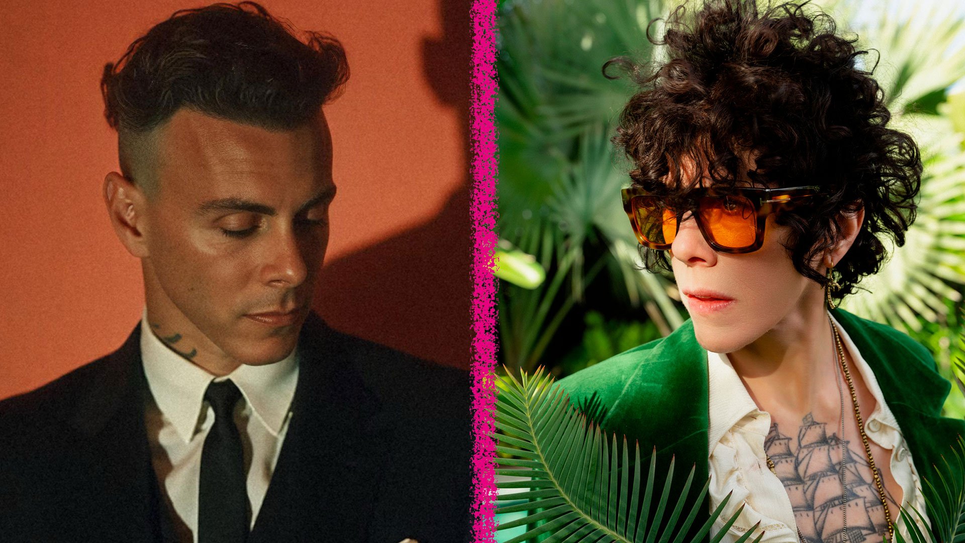 Collage mit zwei Fotos für die Veranstaltung „LP“ – beide Künstler, einer vor orangem Hintergrund mit Krawatte, sie mit grüner Jacke vor Palmen.