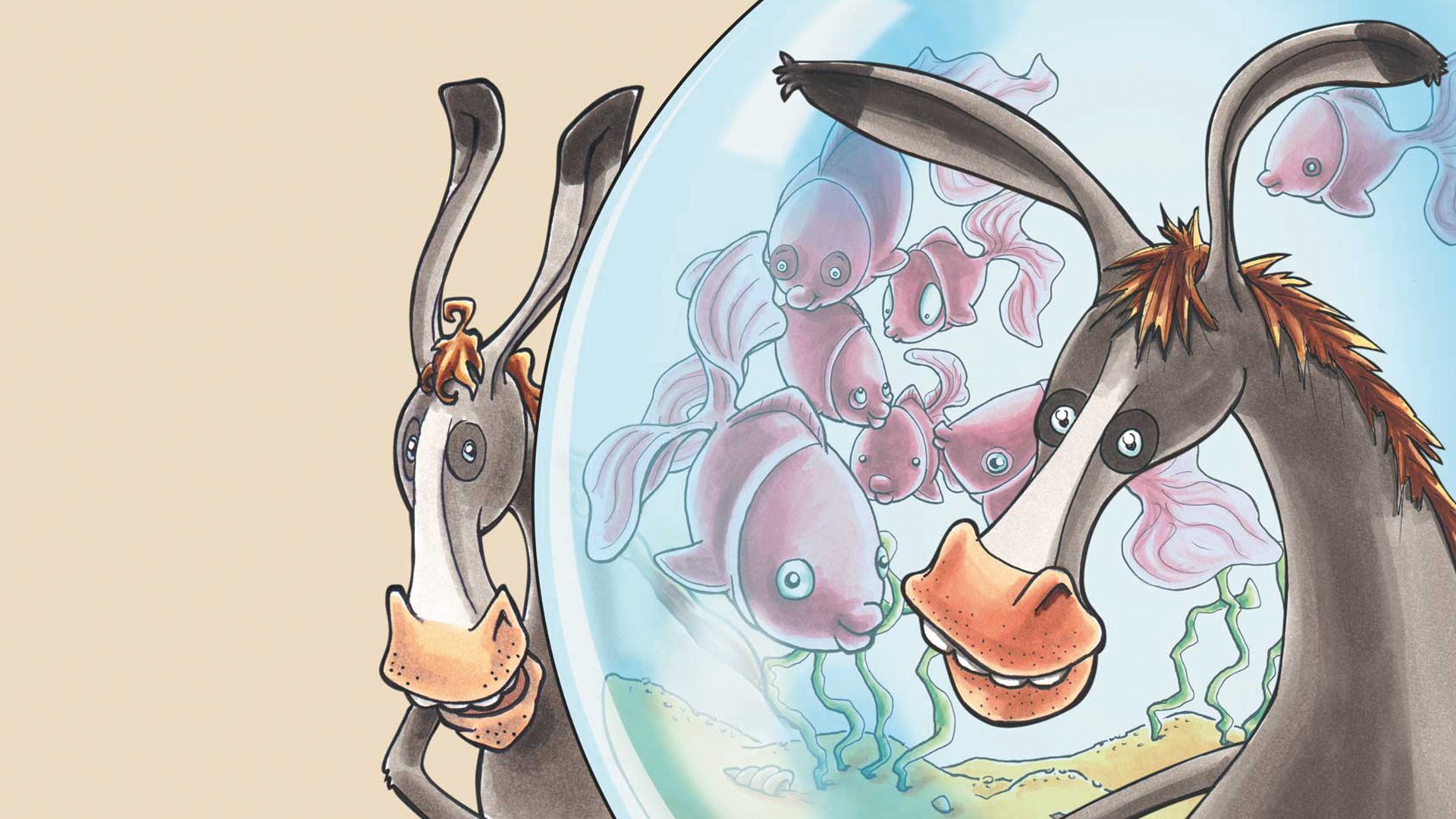 Eine Illustration mit zwei Eseln an einer Kugel, im inneren der Kugel sind Fische zu erkennen