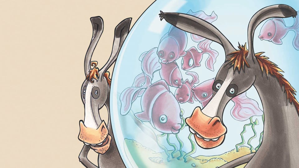 Eine Illustration mit zwei Eseln an einer Kugel, im inneren der Kugel sind Fische zu erkennen