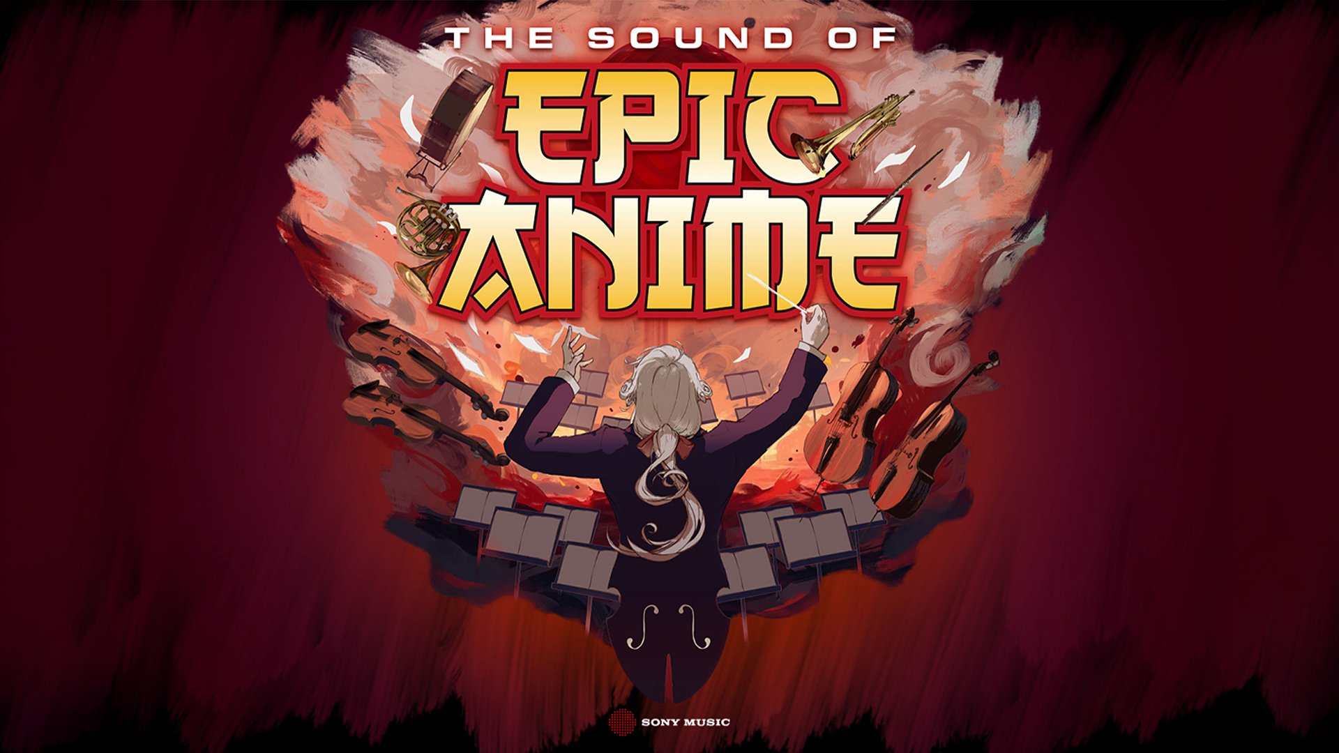 Plakat The Sound of Epic Anime mit dirigierender Figur vor explodierenden Instrumenten und Noten sowie großem Titel auf rotem Hintergrund