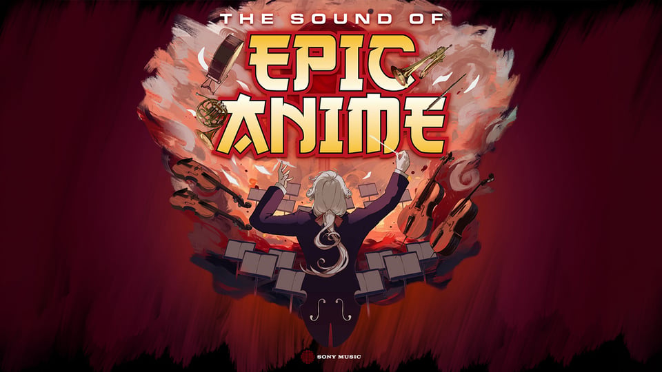 Plakat The Sound of Epic Anime mit dirigierender Figur vor explodierenden Instrumenten und Noten sowie großem Titel auf rotem Hintergrund