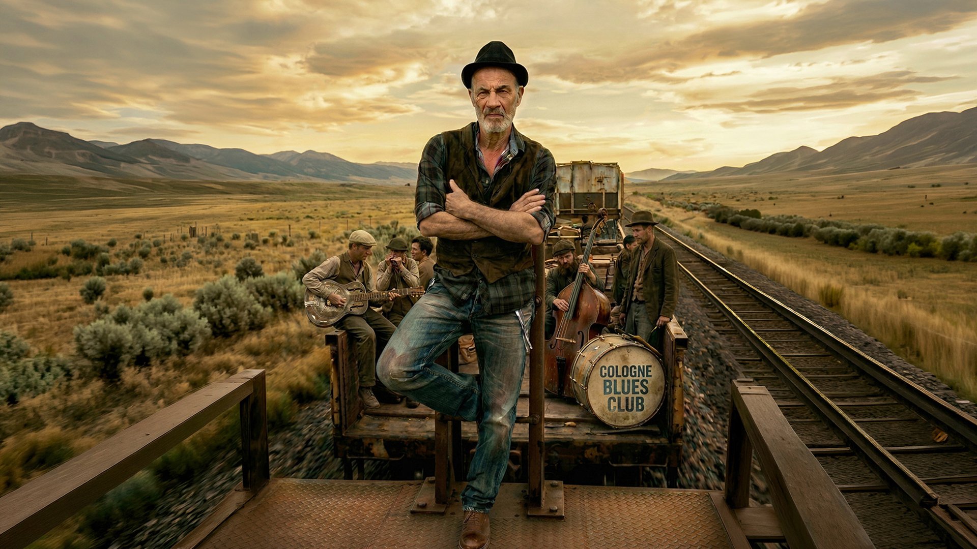 Heiner Lauterbach mit Hut und verschränkten Armen auf einer fahrenden Eisenbahnplattform, im Hintergrund mehrere Musiker mit Gitarre, Kontrabass und Schlagzeug auf dem Zug sowie eine weite Berg- und Prärielandschaft bei Sonnenuntergang.