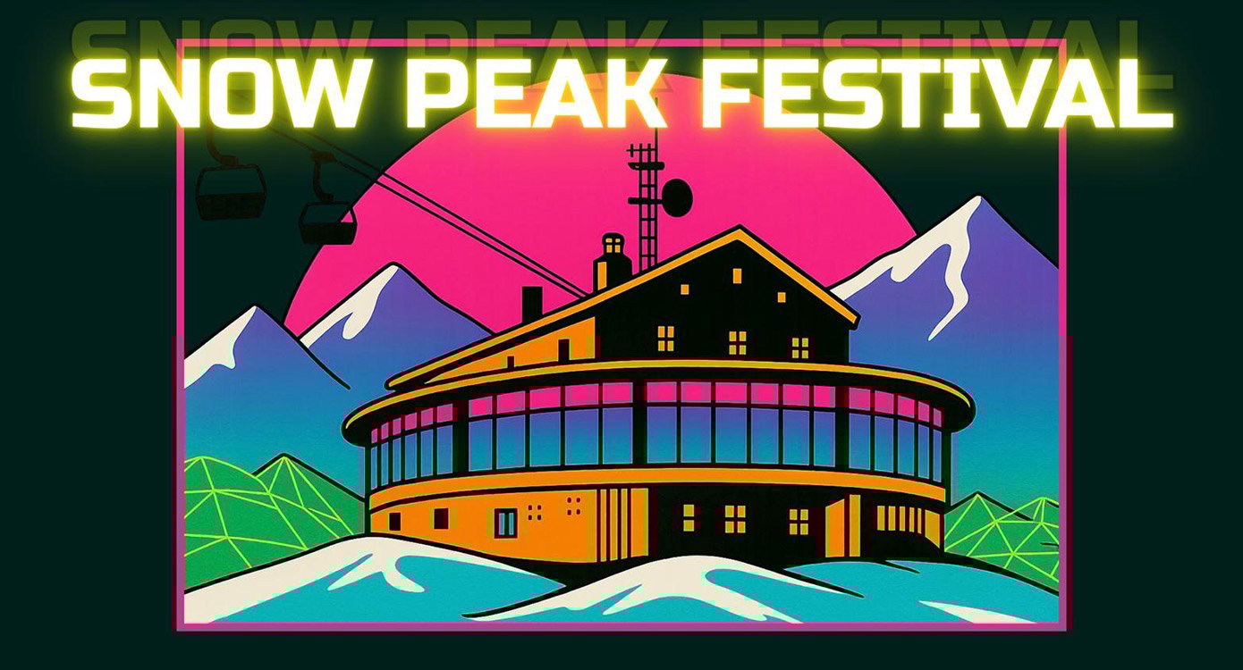 Eine Illustration des Elektronikfestivals ‚Snow Peak Festival‘ mit fluoreszierenden Farben, einem Gebäude und schneebedeckten Bergen im Hintergrund