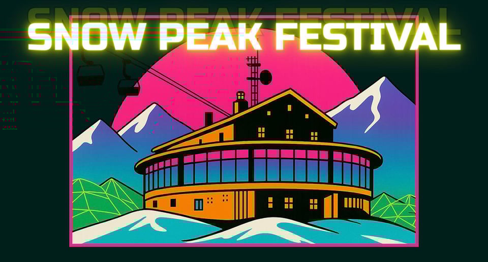 Eine Illustration des Elektronikfestivals ‚Snow Peak Festival‘ mit fluoreszierenden Farben, einem Gebäude und schneebedeckten Bergen im Hintergrund