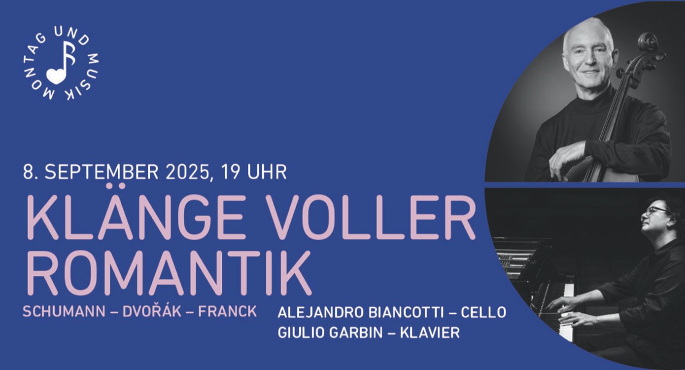 Grafik in blau mit roas und weisser Schrift und Collage mit schwarz-weiss Bild der beiden Künstler 