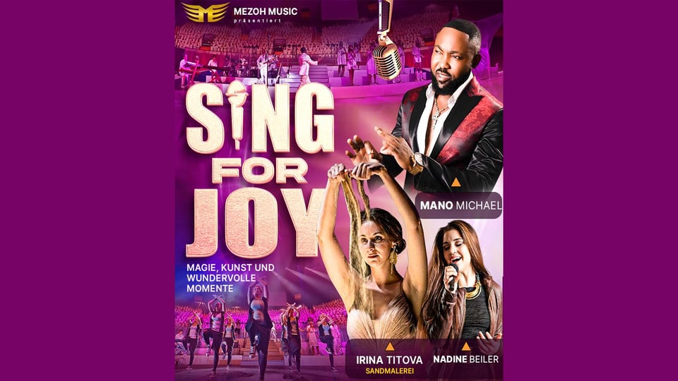 Plakat Sing for Joy mit Bühne, Sängerinnen und Sängern sowie Show-Elementen in pink-violetten Farben