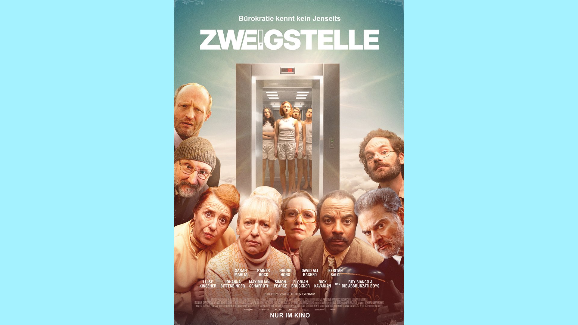 Das Cover des Films Zweigstelle mit einigen der Schauspieler und einem Aufzug, in dem mehrere Frauen stehen