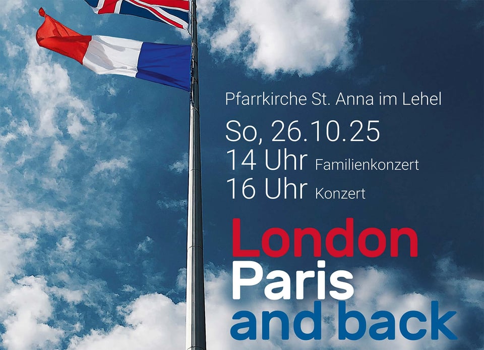 Eine Typografie in Weiß, Rot und Blau mit einer französischen und einer britischen Flagge sowie einem blauen Himmel im Hintergrund