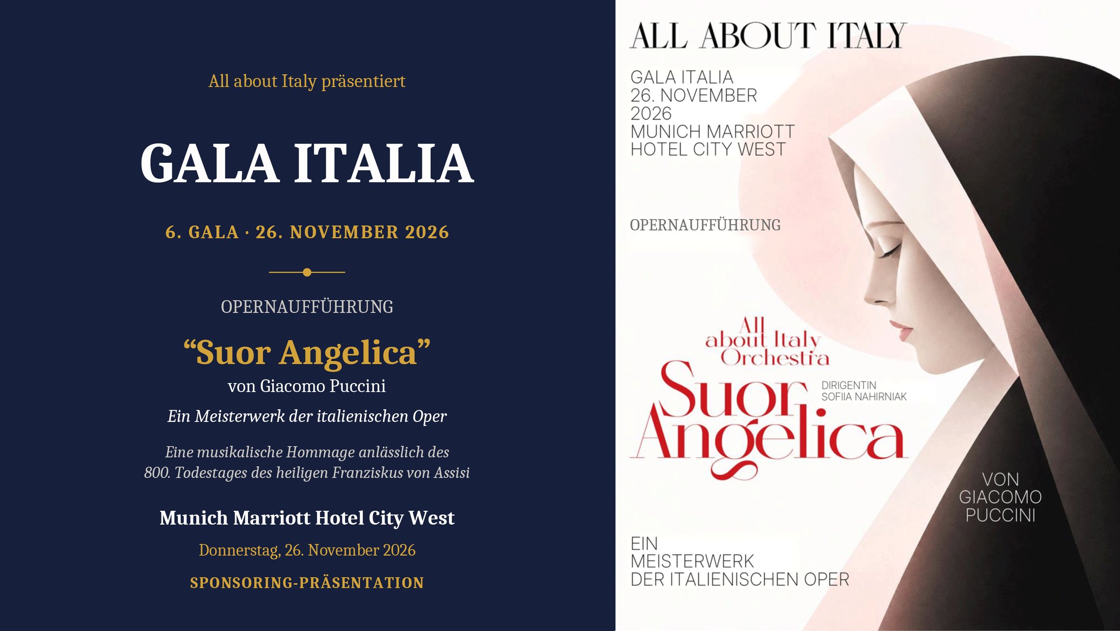 Plakat Gala Italia VI Edition mit dunkelblauem Informationsfeld und Veranstaltungsangaben auf der linken Seite sowie stilisiertem Porträt einer Ordensschwester auf hellem Hintergrund rechts, ergänzt durch den Titel Suor Angelica von Giacomo Puccini und weitere Programminformationen in einem zweigeteilten Layout.