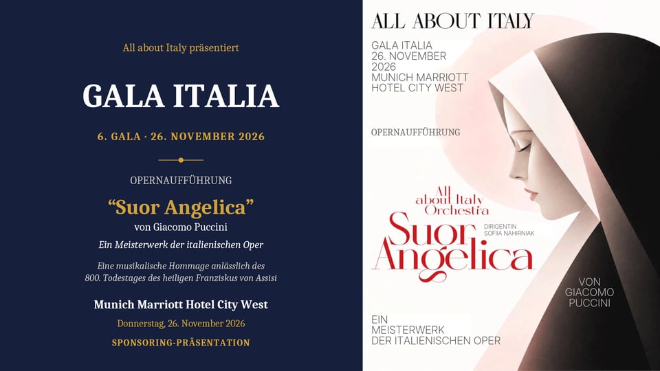 Plakat Gala Italia VI Edition mit dunkelblauem Informationsfeld und Veranstaltungsangaben auf der linken Seite sowie stilisiertem Porträt einer Ordensschwester auf hellem Hintergrund rechts, ergänzt durch den Titel Suor Angelica von Giacomo Puccini und weitere Programminformationen in einem zweigeteilten Layout.