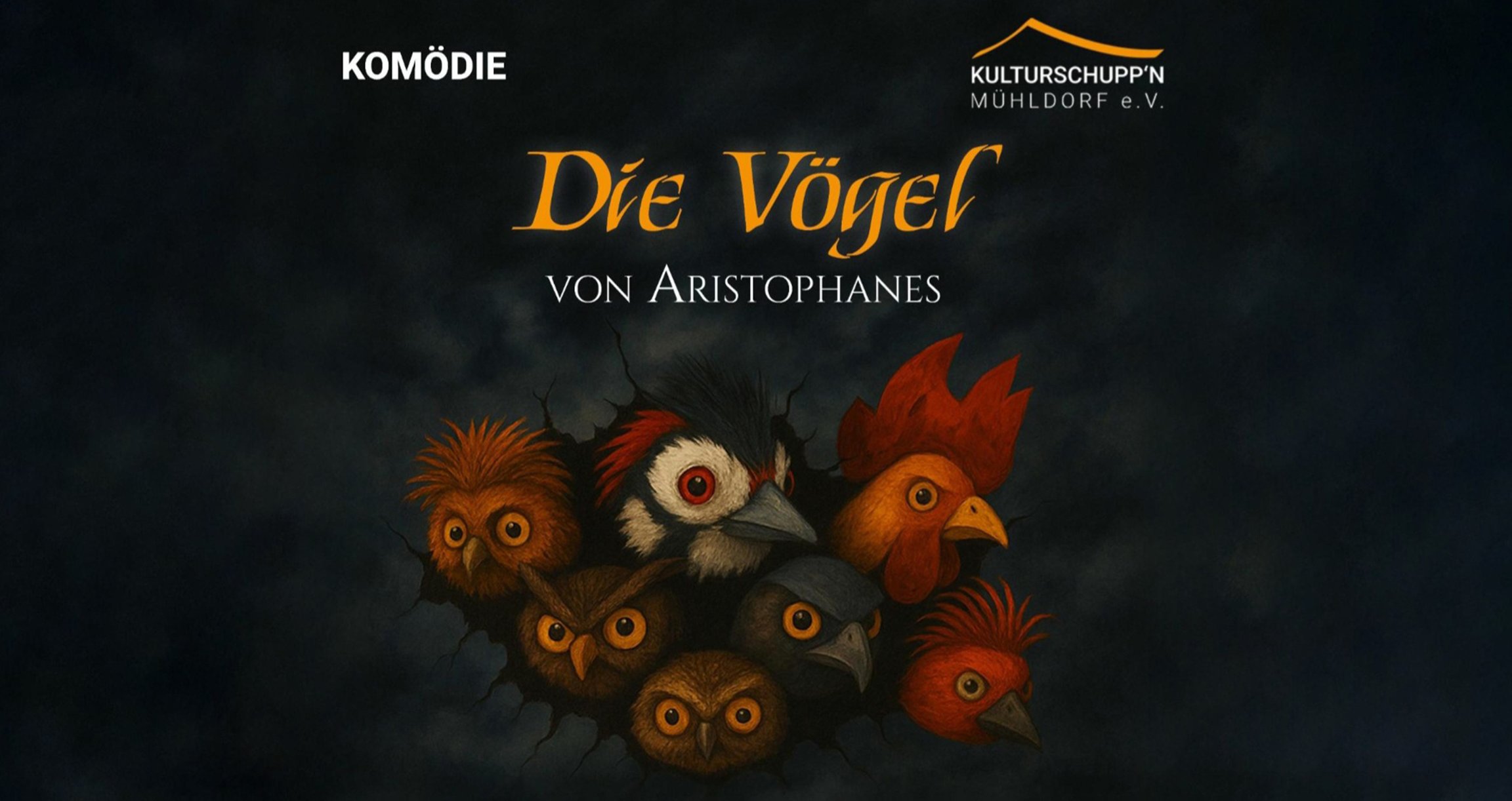 Das Veranstaltungsplakat mit einer Illustration verschiedener Vogelarten, mit gelber und weißer Typografie.