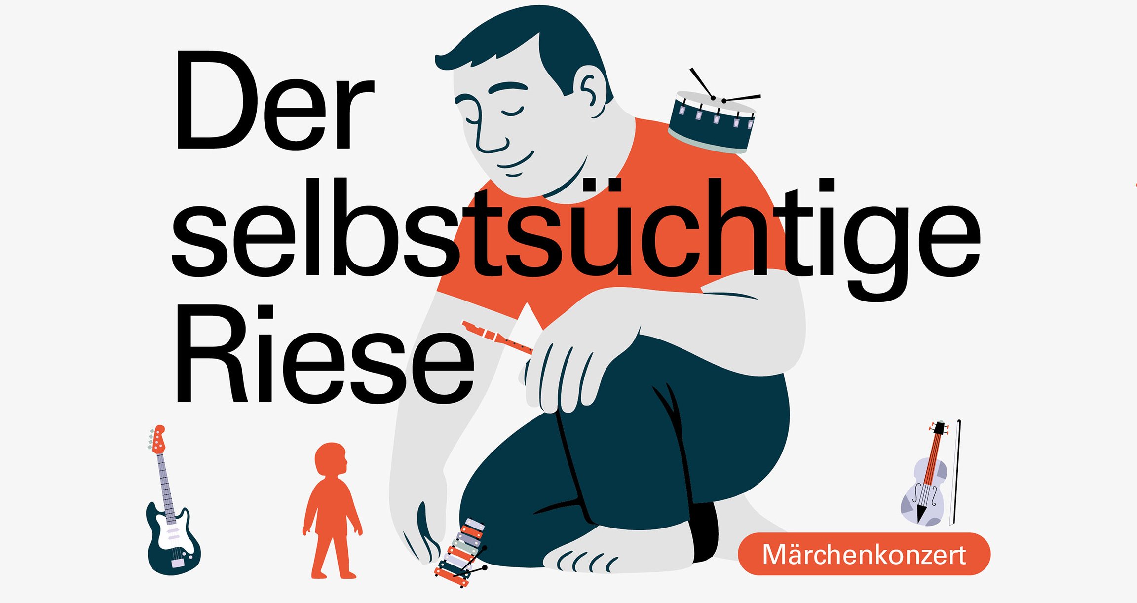 Plakat mit verschiedenen Figuren und Musikinstrumenten auf weißem Hintergrund