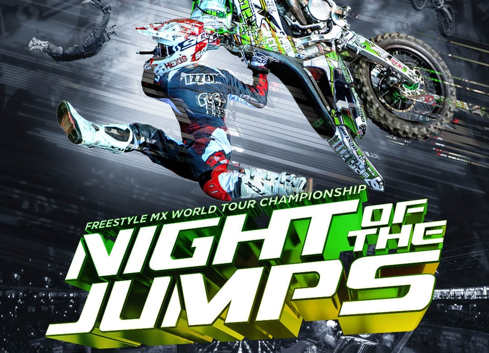 Grafik von Night of the Jumps mit grün-gelber Schrift und Motocross-Künstler, der einen Trick ausführt