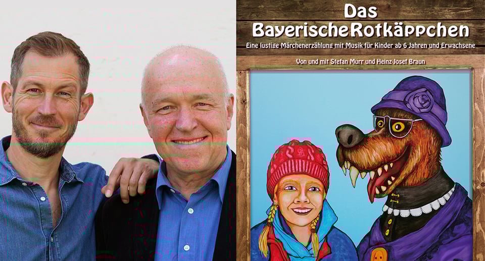 Auf der rechten Seite eine farbenfrohe Illustration mit dem Titel der Veranstaltung – Rotkäppchen und der Wolf in einer modernen, humorvollen Darstellung. Links im Bild: die beiden Erzähler und Darsteller Stefan Murr und Heinz-Josef Braun, die das Märchen live auf der Bühne zum Leben erwecken.
