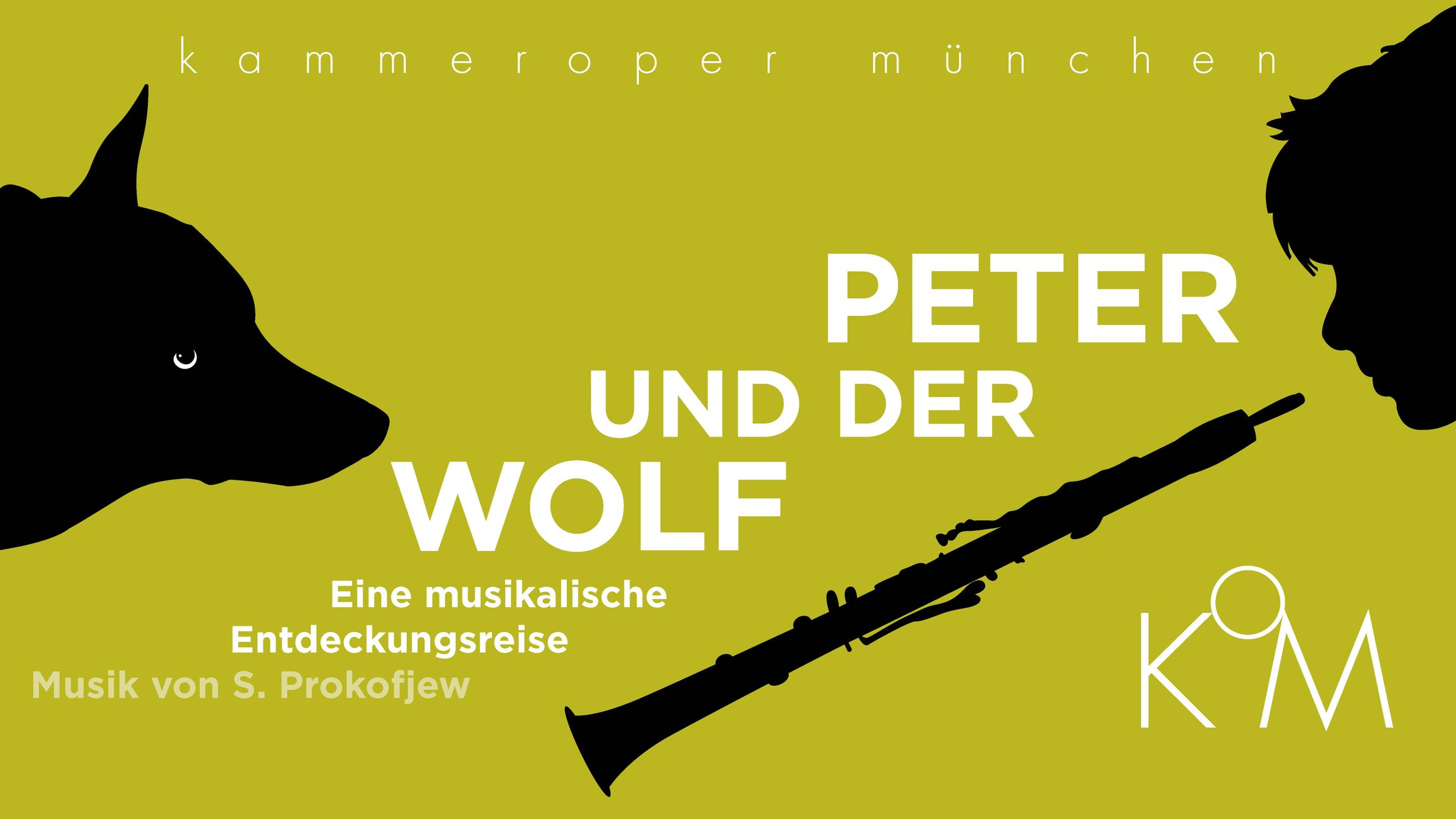 Plakat Peter und der Wolf mit schwarzer Silhouette eines Wolfs links und einer Person mit Klarinette rechts vor grünem Hintergrund, dazu weißer Titel und Hinweis auf Musik von Sergej Prokofjew