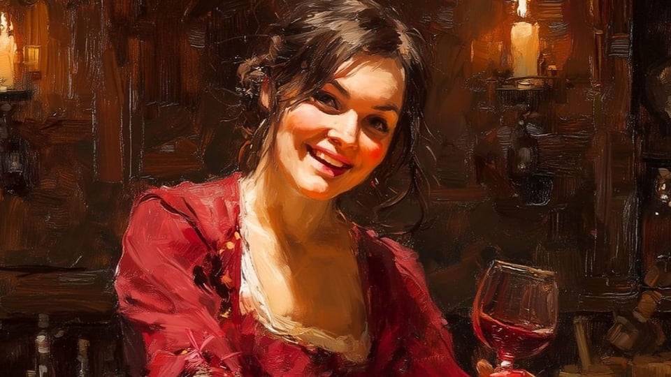 Ein KI-generiertes Bild im Stil eines Ölgemäldes einer lächelnden Dame in rotem Kleid mit Weinglas in der Hand