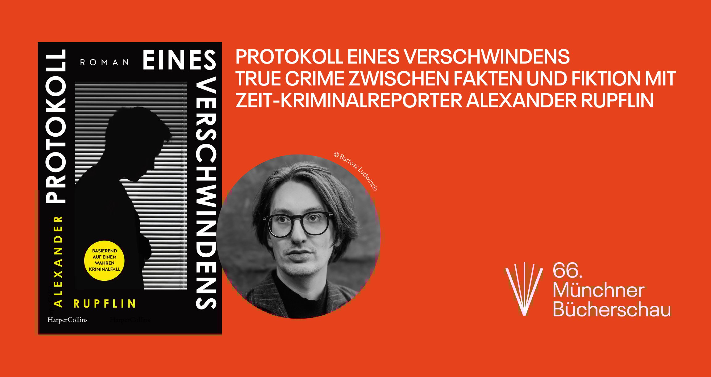 Grafik mit orangenem Hintergrund auf der ein Buchcover und das Foto einer Person abgebildet ist.