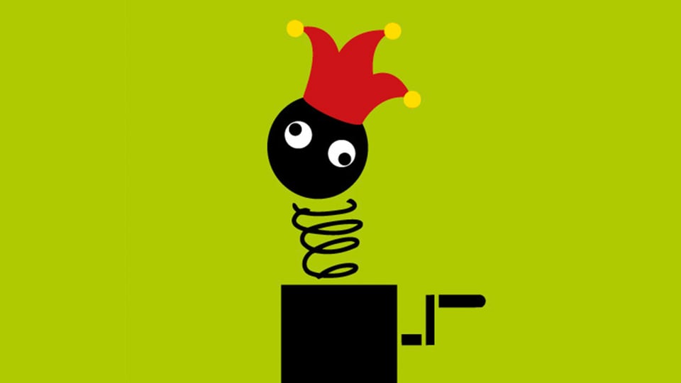 Minimalistische Grafik eines schwarzen Jack‑in‑the‑Box‑Clowns: schwarzer Kasten mit seitlicher Kurbel, daraus eine Spiralfeder mit rundem schwarzen Kopf, zwei weißen Augen und roter Narrenkappe mit gelben Pompons, vor leuchtend grünem Hintergrund.
