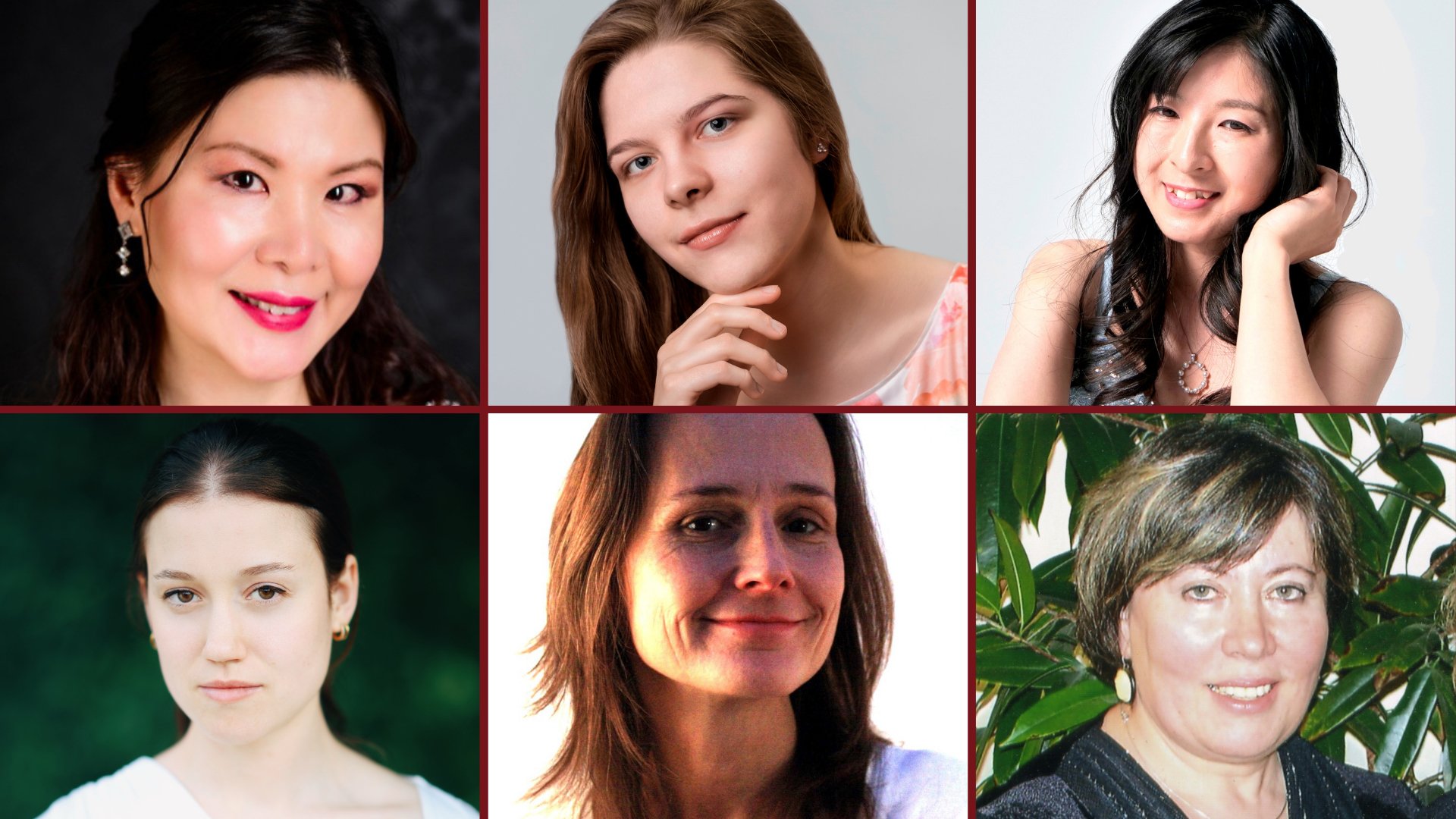 Foto für die Veranstaltung FRAUEN-POWER – mit Komponistinnen und Pianistinnen durch die Epochen mit den Bildern von sechs Künstlerinnen.