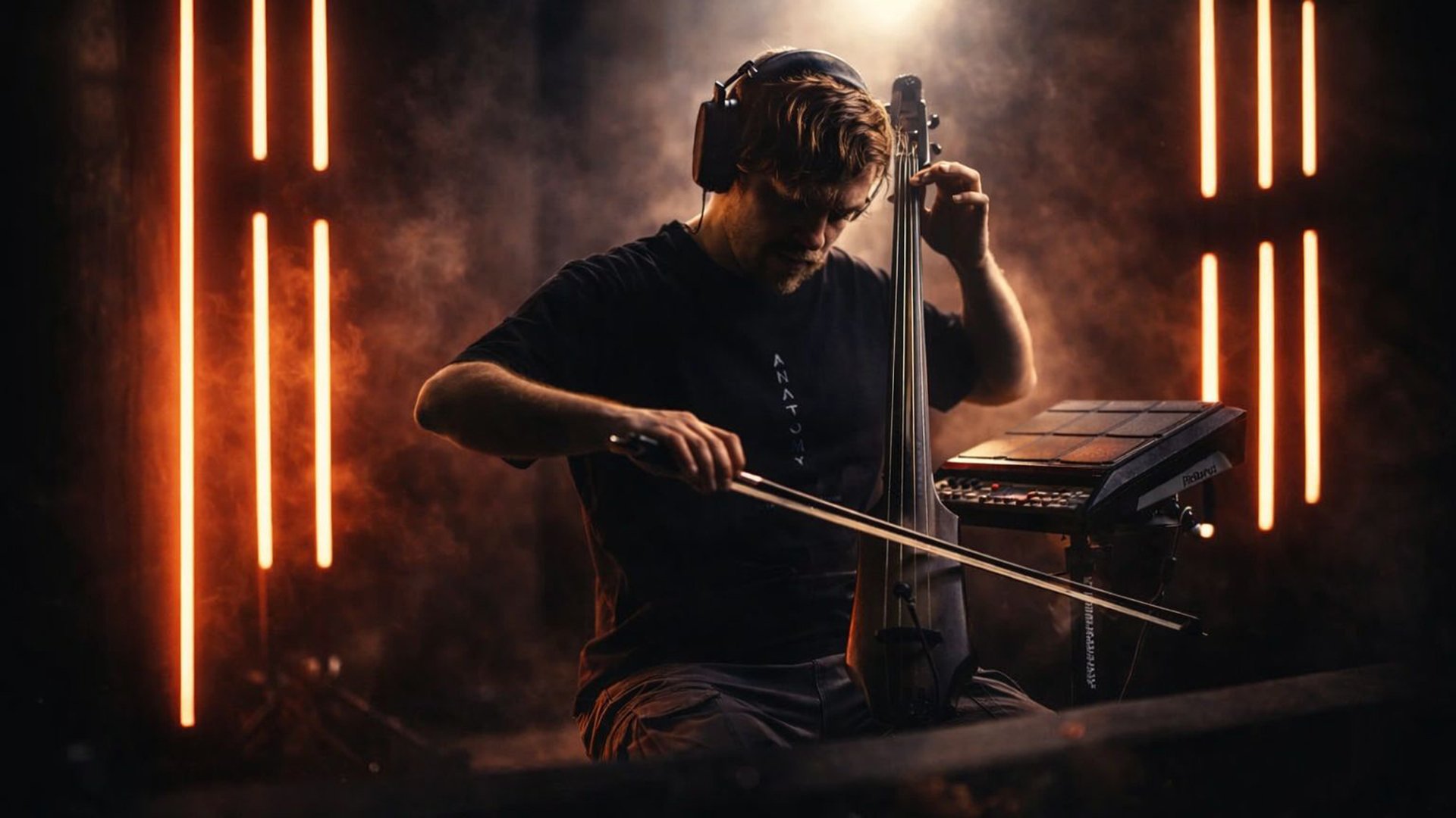 Reinhardt Buhr spielt ein elektrisches Cello mit Bogen und trägt Kopfhörer, neben sich ein elektronisches Looping-Gerät, vor dunklem Hintergrund mit vertikalen Lichtstreifen