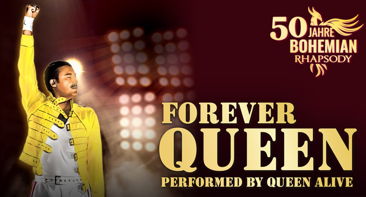 Grafik in dunkelrot mit goldener Aufschrift und Bild von Freddy Mercury in gelber Jacke