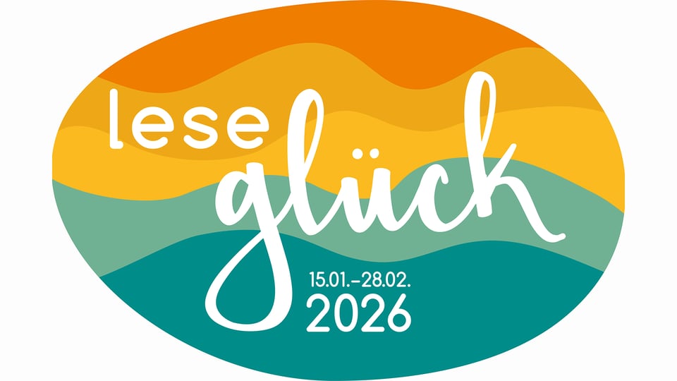 Das Logo für die Veranstaltung Literaturfest Leseglück, mit grünen, gelben und orangenen Farbtönen auf weißem Hintergrund.