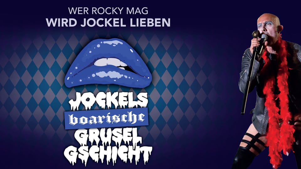 Plakat für die Veranstaltung Jockels boarische Grusel Gschicht mit einer Illustration von Lippen, weißer Typografie und rechts daneben einem der Künstler mit Mikrofon