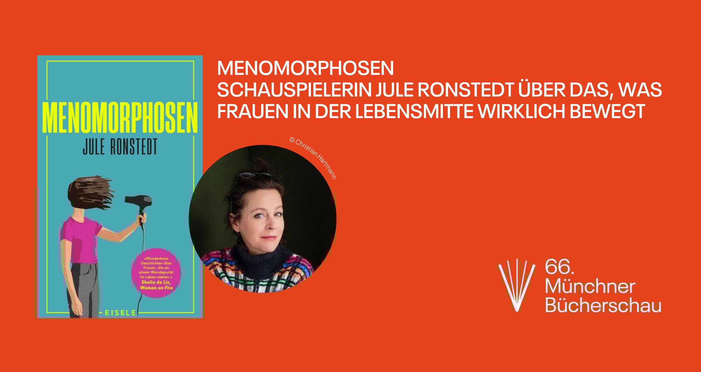 Grafik mit orangenem Hintergrund, einem Buchcover und dem Foto einer Person. 