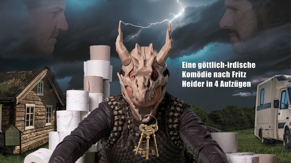 Veranstaltungsplakat der Münchner Volkssängerbühne: Der Ring des Bajuwaren – Collage mit einer Hauptfigur mit Maske neben Toilettenpapierrollen, einem Haus und einem Wohnmobil; oben die Gesichter von zwei Männern.