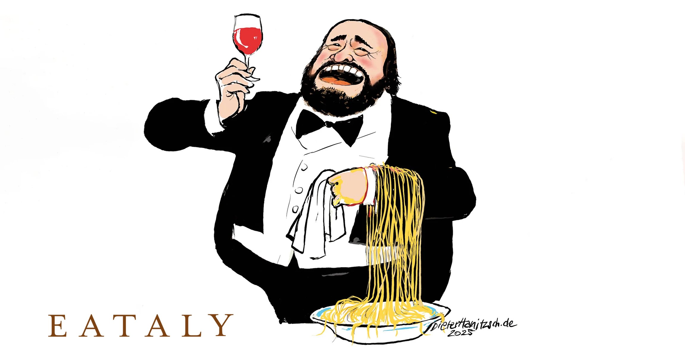 Ein Mann im Smoking, der ein Weinglas in der Hand und Spaghetti über dem Arm hält