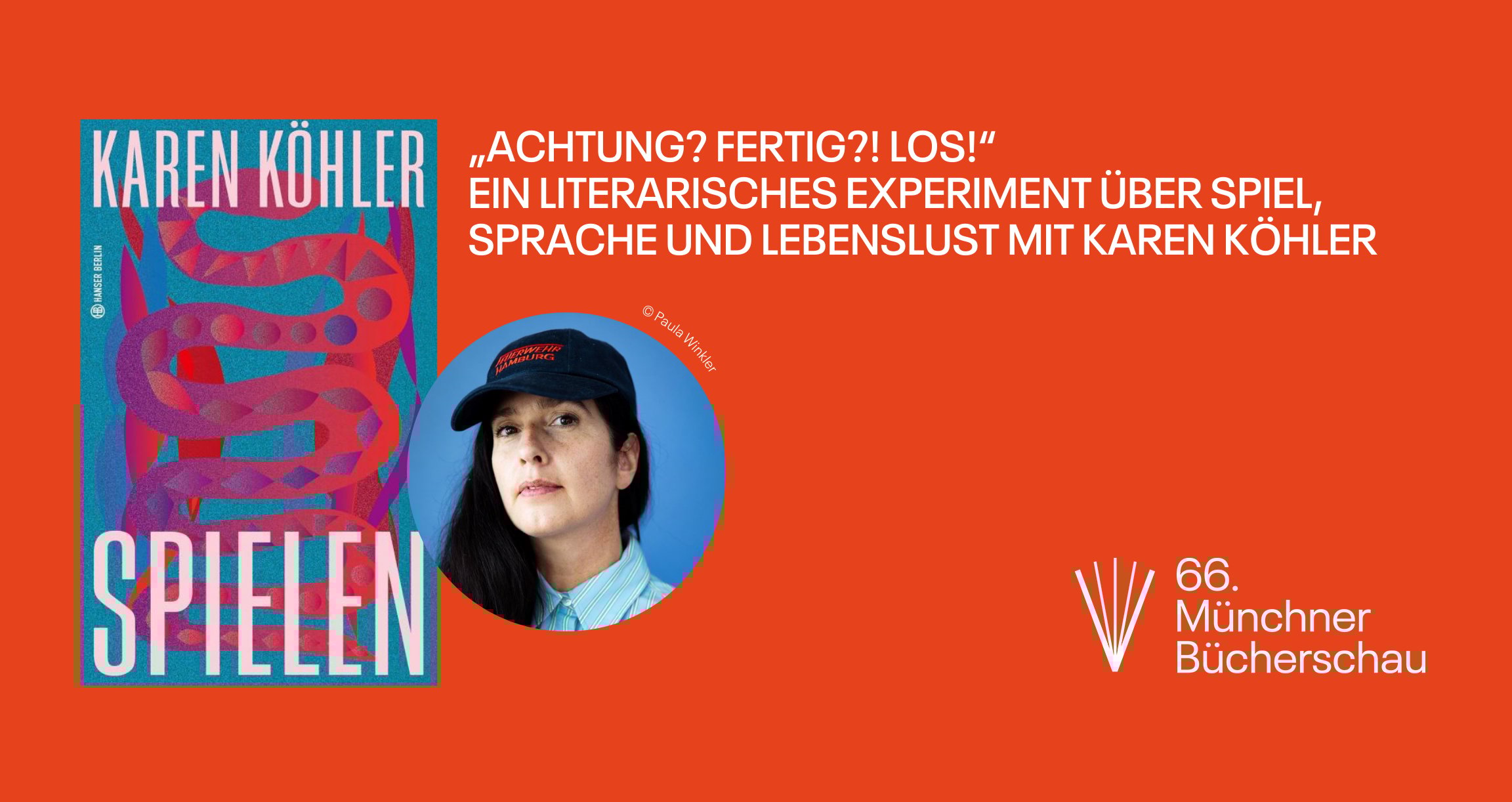 Grafik mit orangenem Hintergrund, einem Buchcover und Foto einer Person