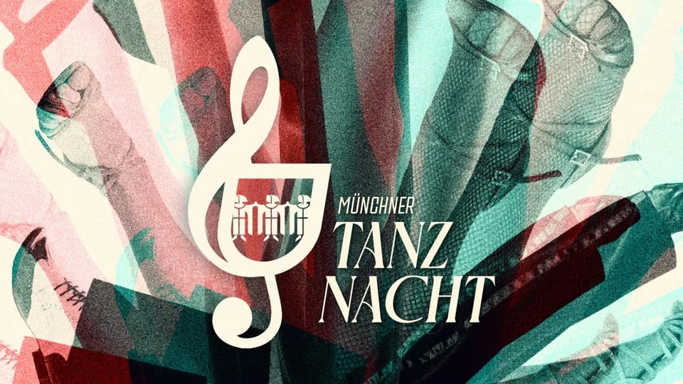 Ein Foto für das Event „Münchner Tanznacht“, als Collage, zum Beispiel mit hochgereckten Händen und verschiedenen Texturen und Effekten.