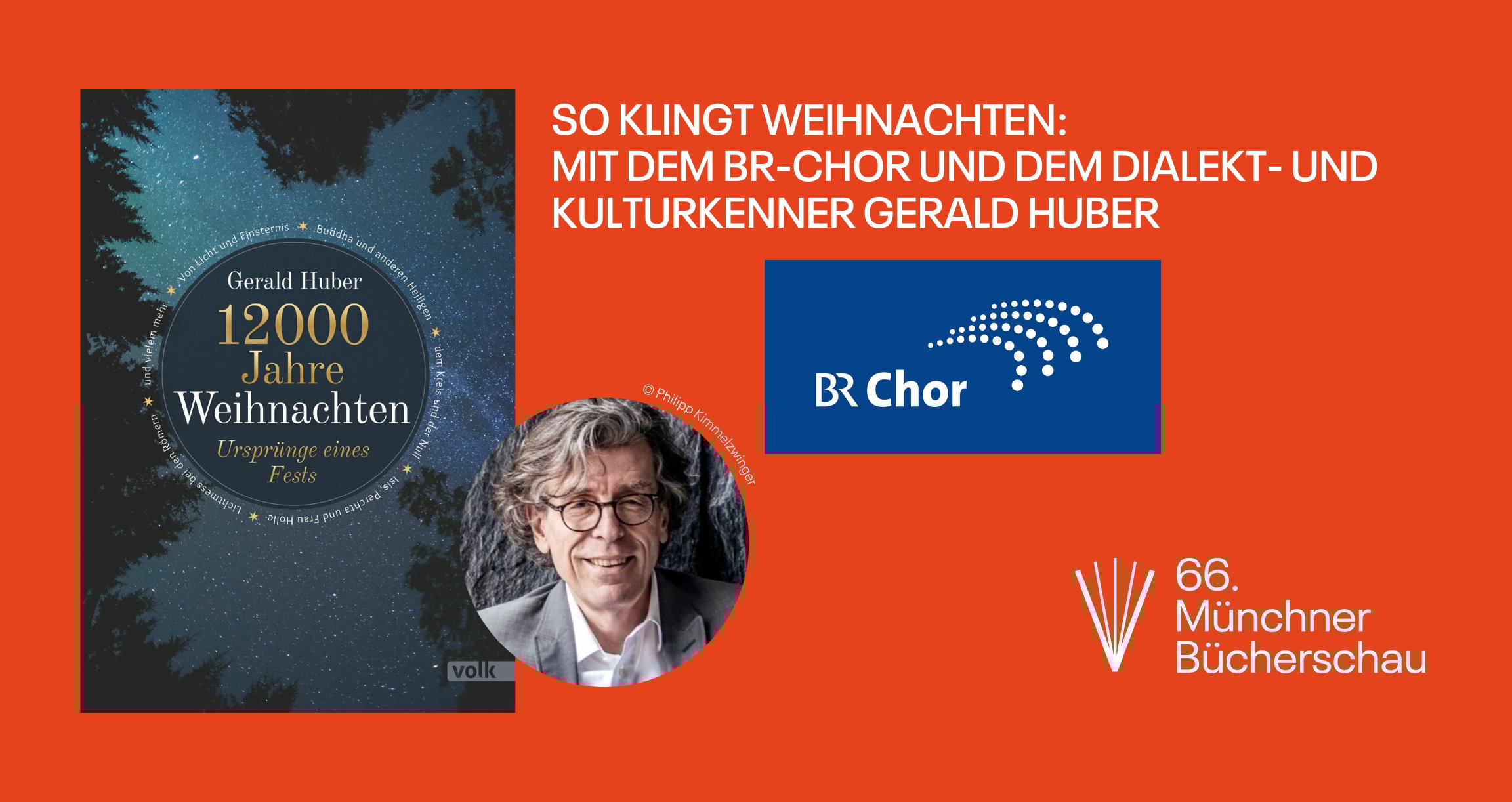 Grafik mit orangenem Hintergrund, einem Buchcover und dem Foto einer Person 