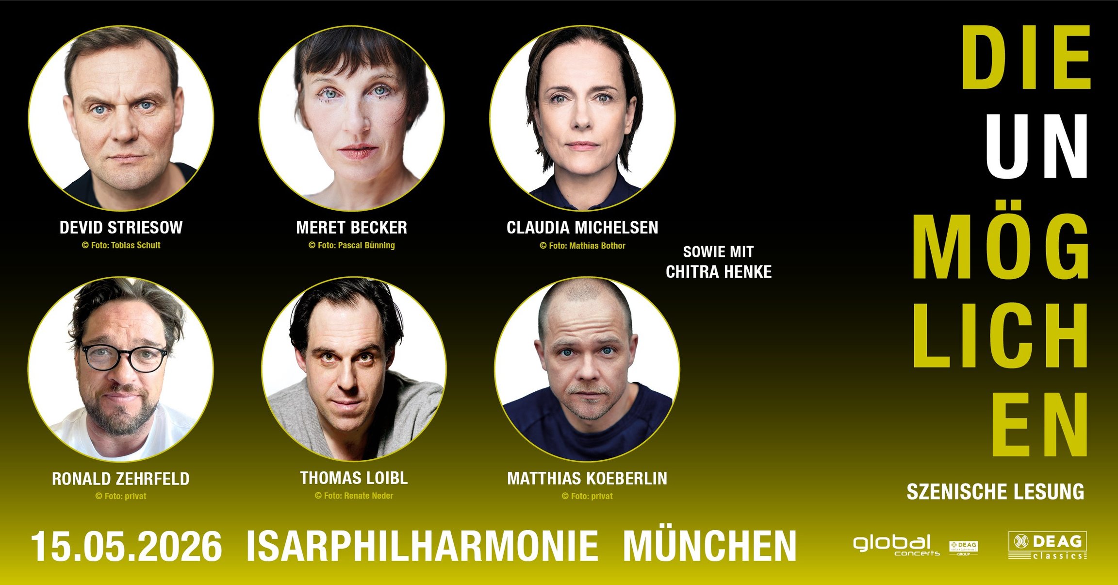 gelbgrün-schwarze Grafik mit sechs runden Bildern von Schauspielern und Ankündigung