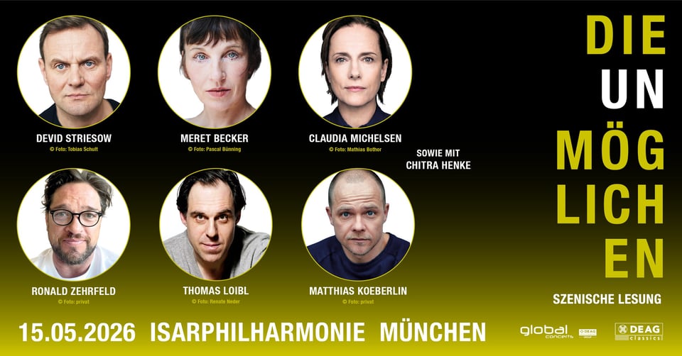 gelbgrün-schwarze Grafik mit sechs runden Bildern von Schauspielern und Ankündigung